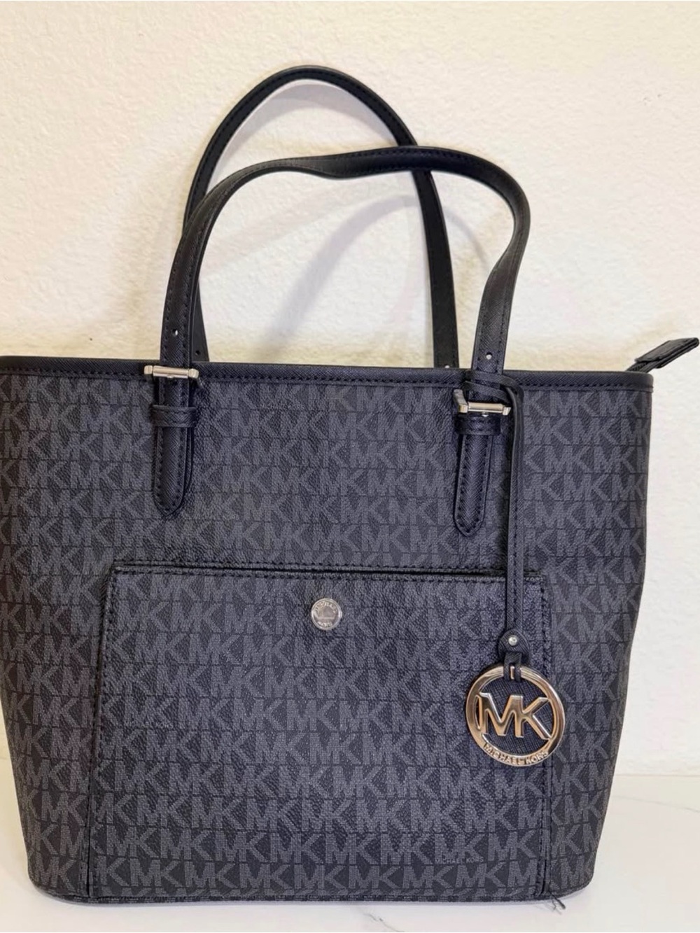 Michael Kors Black MK Signature Tote with Gold Charm